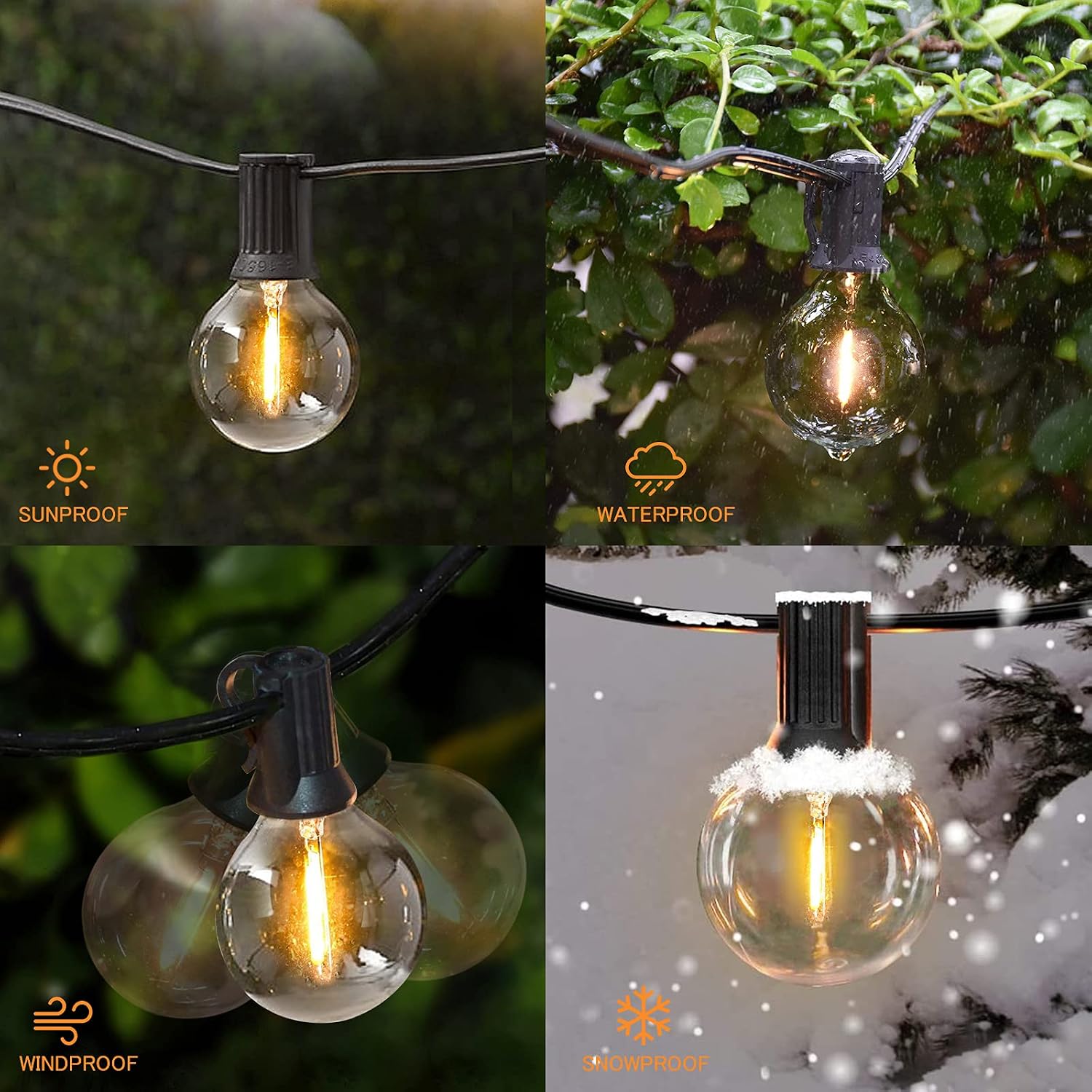 Four panels illustrating the weather resistance of the string lights: sunproof, waterproof, windproof, and snowproof