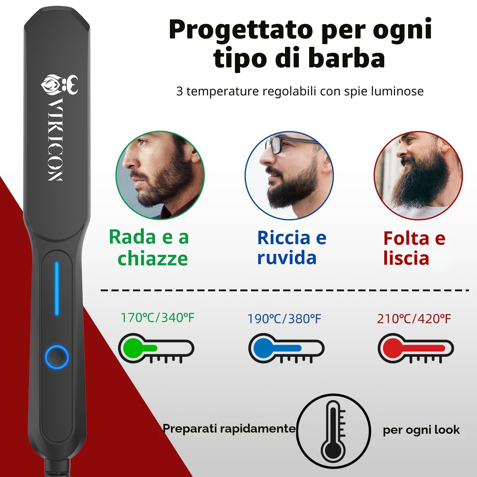 VIKICON Piastra per Capelli e Barba Uomo, Spazzola Lisciante Elettrica Professionale a Ioni Negativi per Capelli, Tre Temperature Regolabili, Portatile, Antiscottatura, Riscaldamento Rapido
