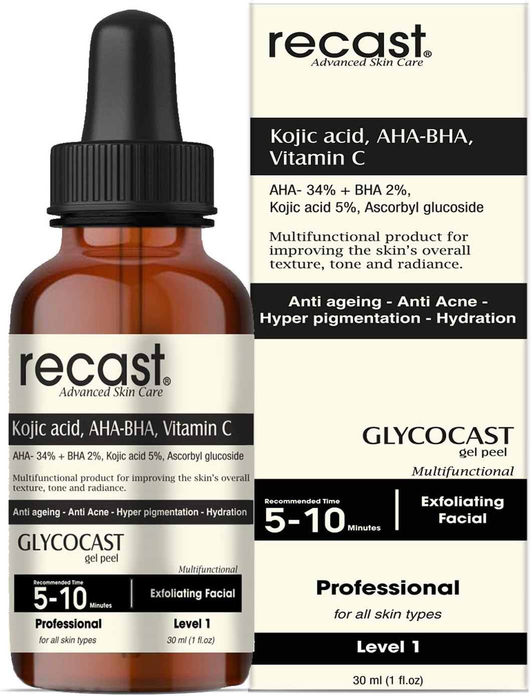 Recast Kojic acid 5%, AHA 34%, BHA 2%, Vitamin C Peeling Solution - Glycocast gel peel formula - Anti ageing | Acne | Pigmentation | Scarring - 30ml