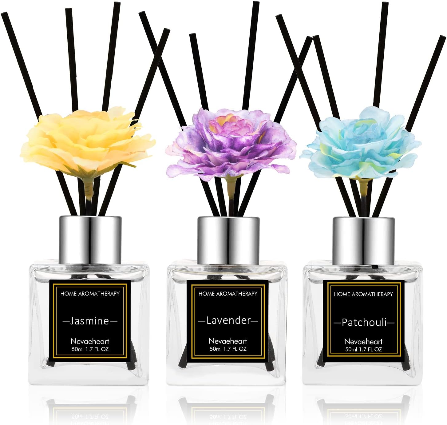 NEVAEHEART Flower Reed Diffuser, Jasmine/Lavender/Patchouli, 1.7OZ x 3 Packs Reed Diffuser Set, Oil Diffuser Sticks, Home Fragrance, Fragrance Diffuser with Gift Box