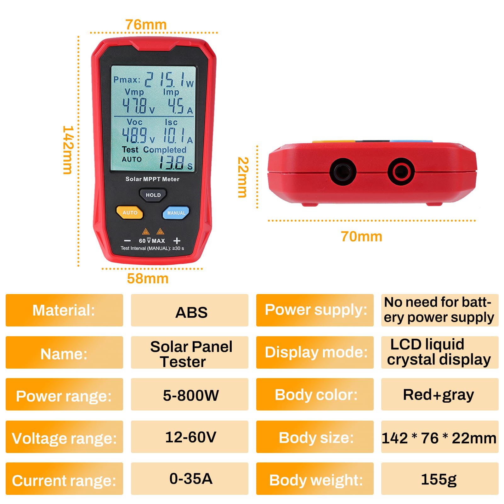 Tester per pannello solare 800W PV tester per pannelli solari mppt Misuratore PV fotovoltaico Misuratore di potenza con display LCD (Multimetro UT673PV 800W)