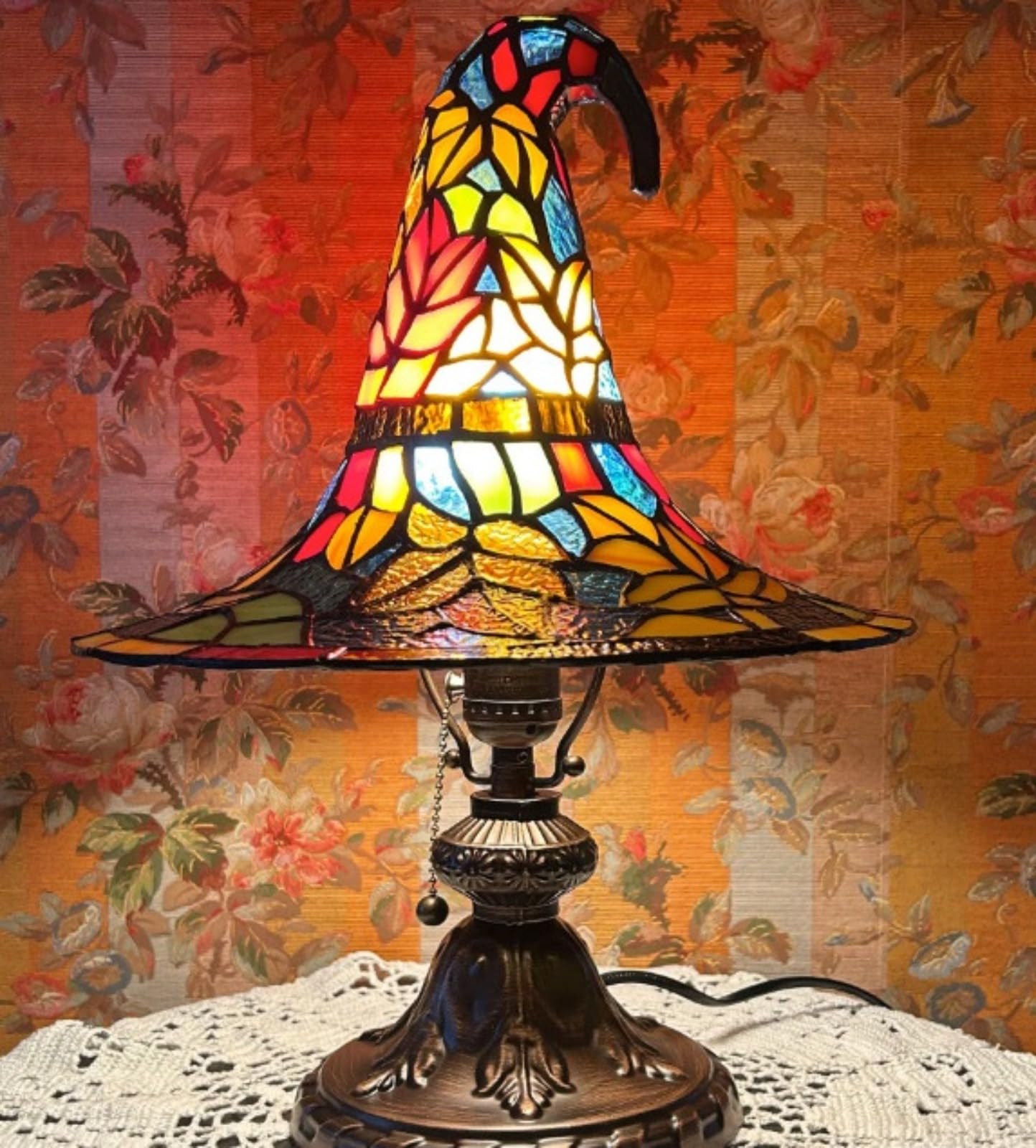Lámparas de sombrero de bruja, luces de sombrero de bruja hechas a mano, lámpara de sombrero de bruja de vitral, lámpara de resina retro para decoración de dormitorio, para decoración de interiores, f