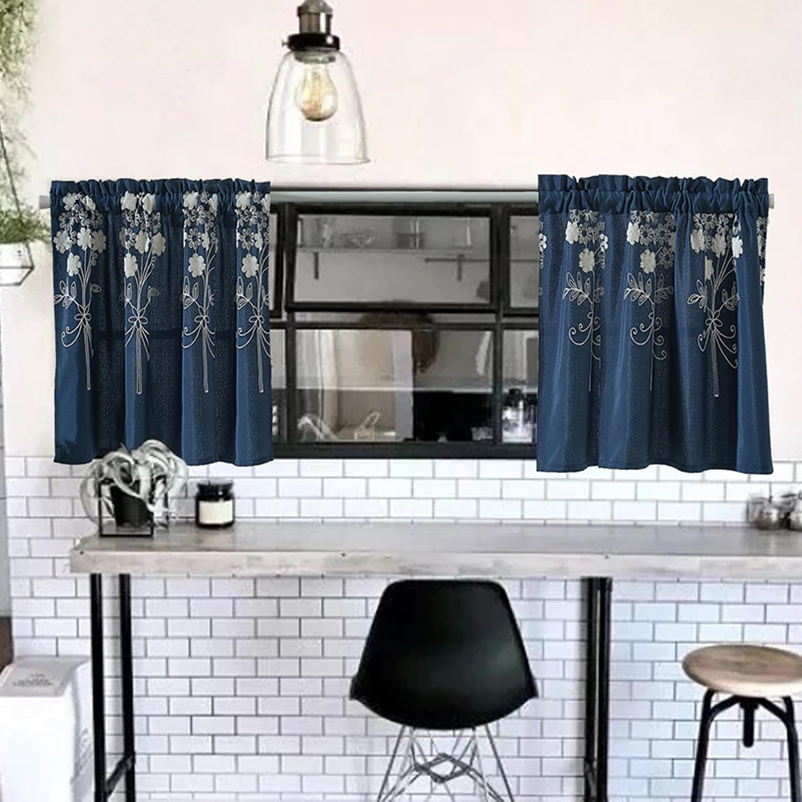 AMDXD Visillo para baño, diseño de flores, hojas bordadas, cortina corta semitransparente, poliéster translúcido, para habitación, oficina, 74 x 61 cm (ancho x alto)