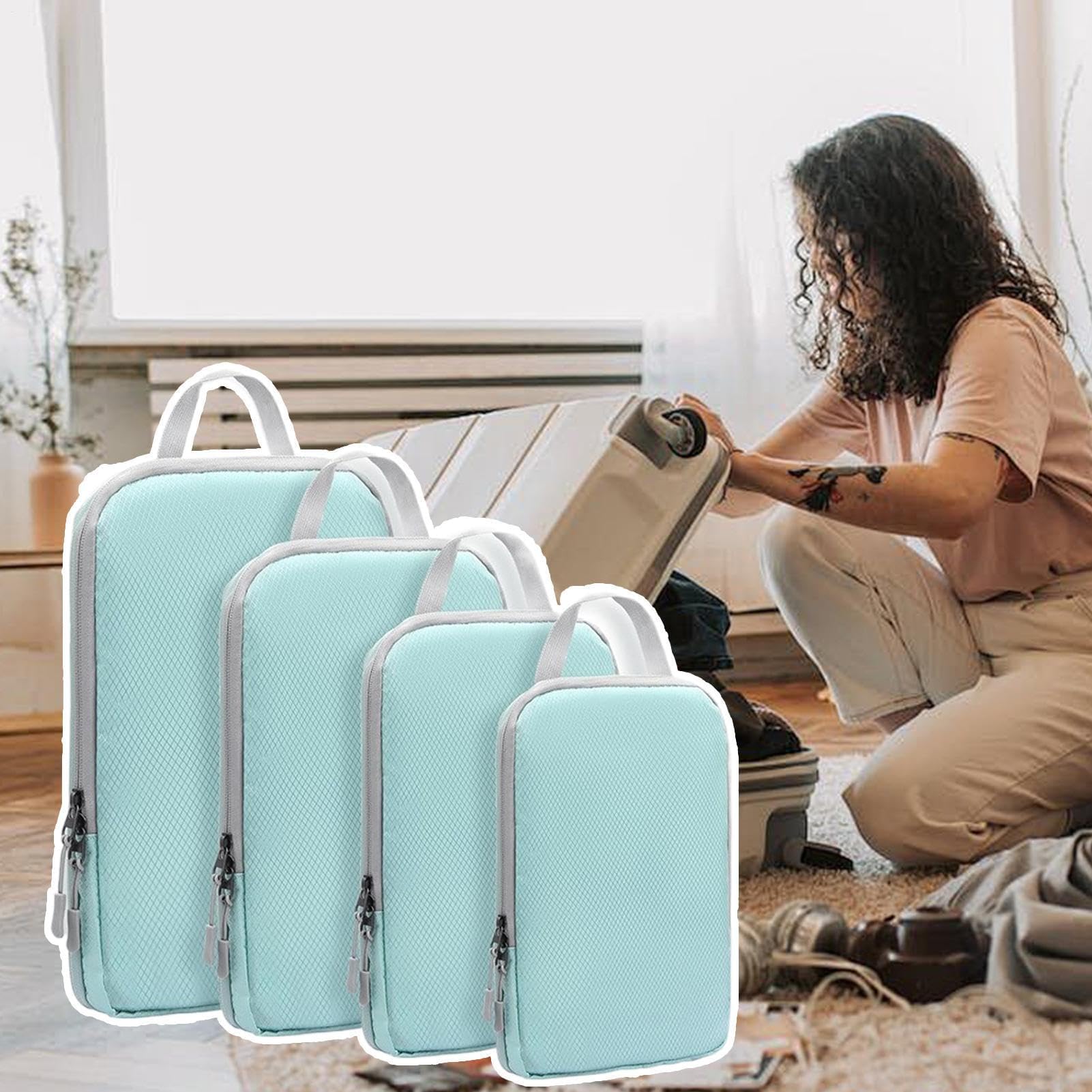 Cubos de compresión para Ahorrar Espacio Viajes | 4 Unidades Bolsas vacío Reutilizables Maletas, vuelos, Equipaje y Camping
