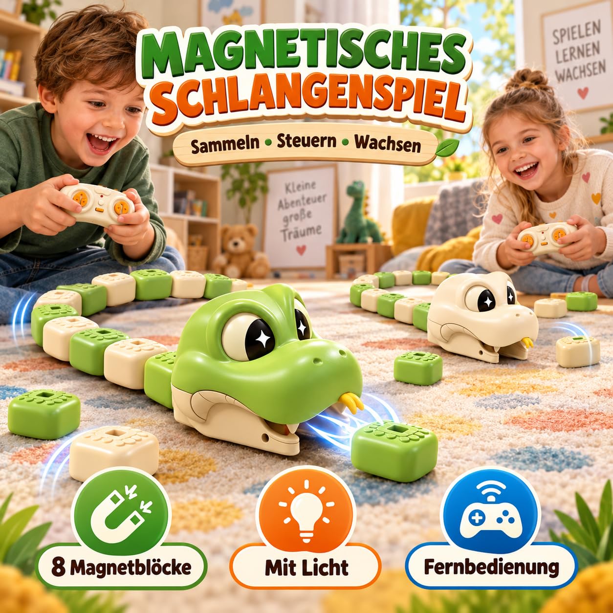 Snake Spiel Ferngesteuert, Magnetic Snake Game mit 8 Magnetblöcken, RC Ferngesteuerte Schlange mit Licht, Aufladbares Schlangenspielzeug für 2-Spieler-Wettkampf, Jungen und Mädchen，3-A,16