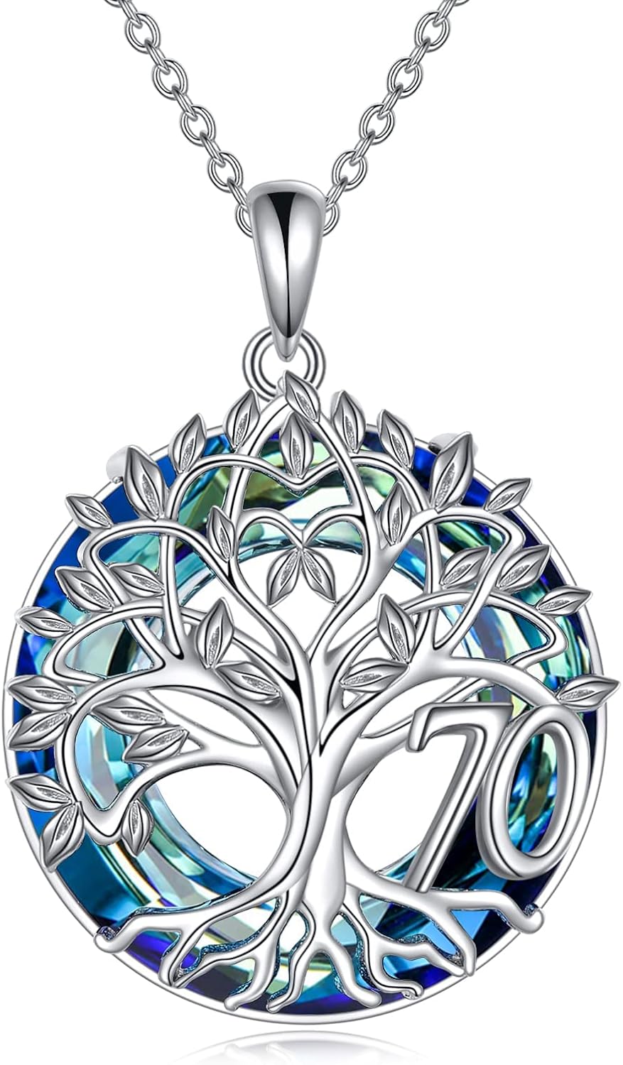 16th 18th 30th 40th 50th 60th 70th 80th 90th 100th Birthday Gifts Necklace for Women Sterling Silver Tree of Life Necklace with Blue Crystal Mothers Day Christmas Jewelry Gifts for Mother Women Wife
