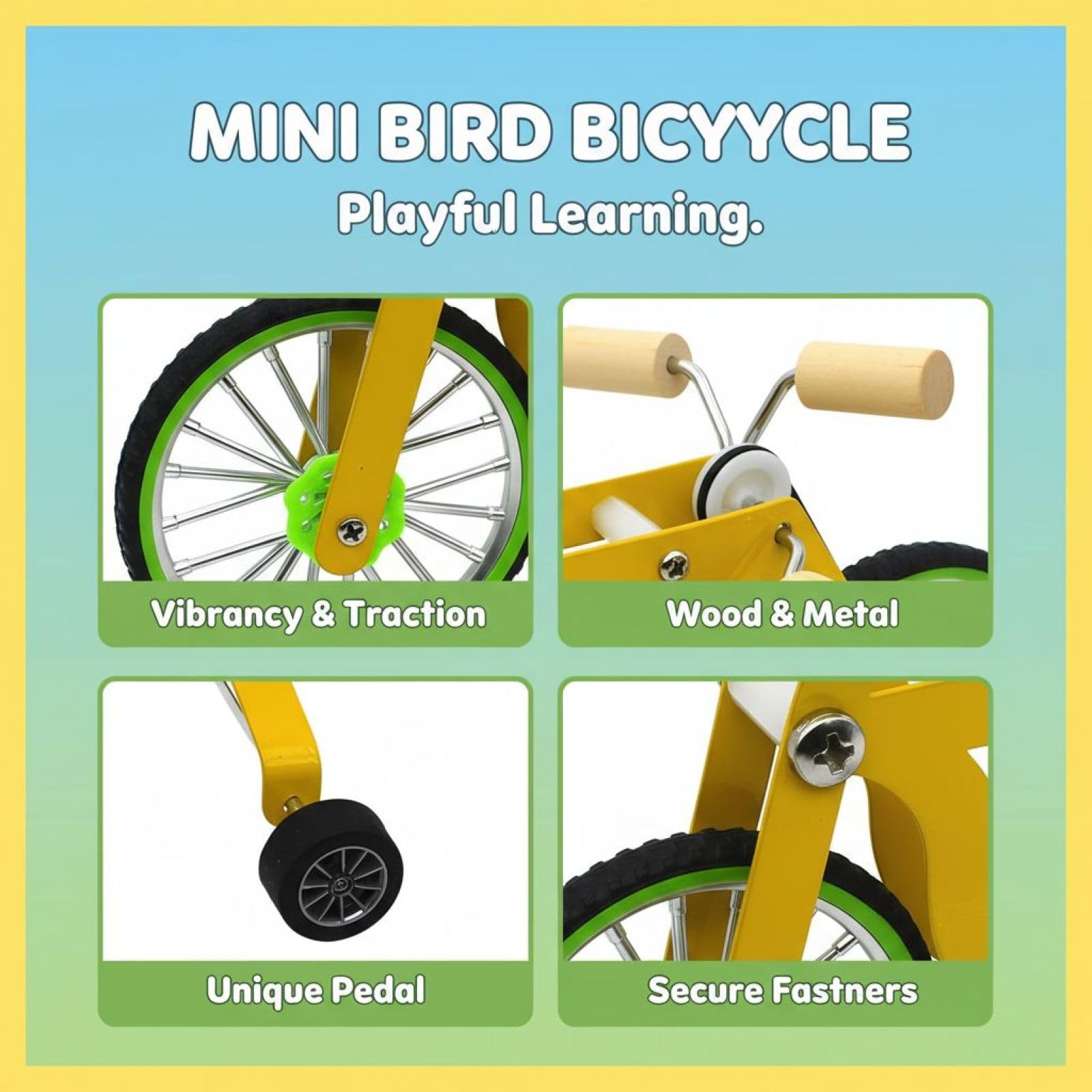 Mała papuga zabawka rowerowa dla Budgies i Cockatiel, zabawka treningowa z metalową ramą, drewnianym uchwytem, gumowymi kółkami, zapasową gumką w zestawie, 6.1 x 4.9 in / 15,5 x 12,5 cm
