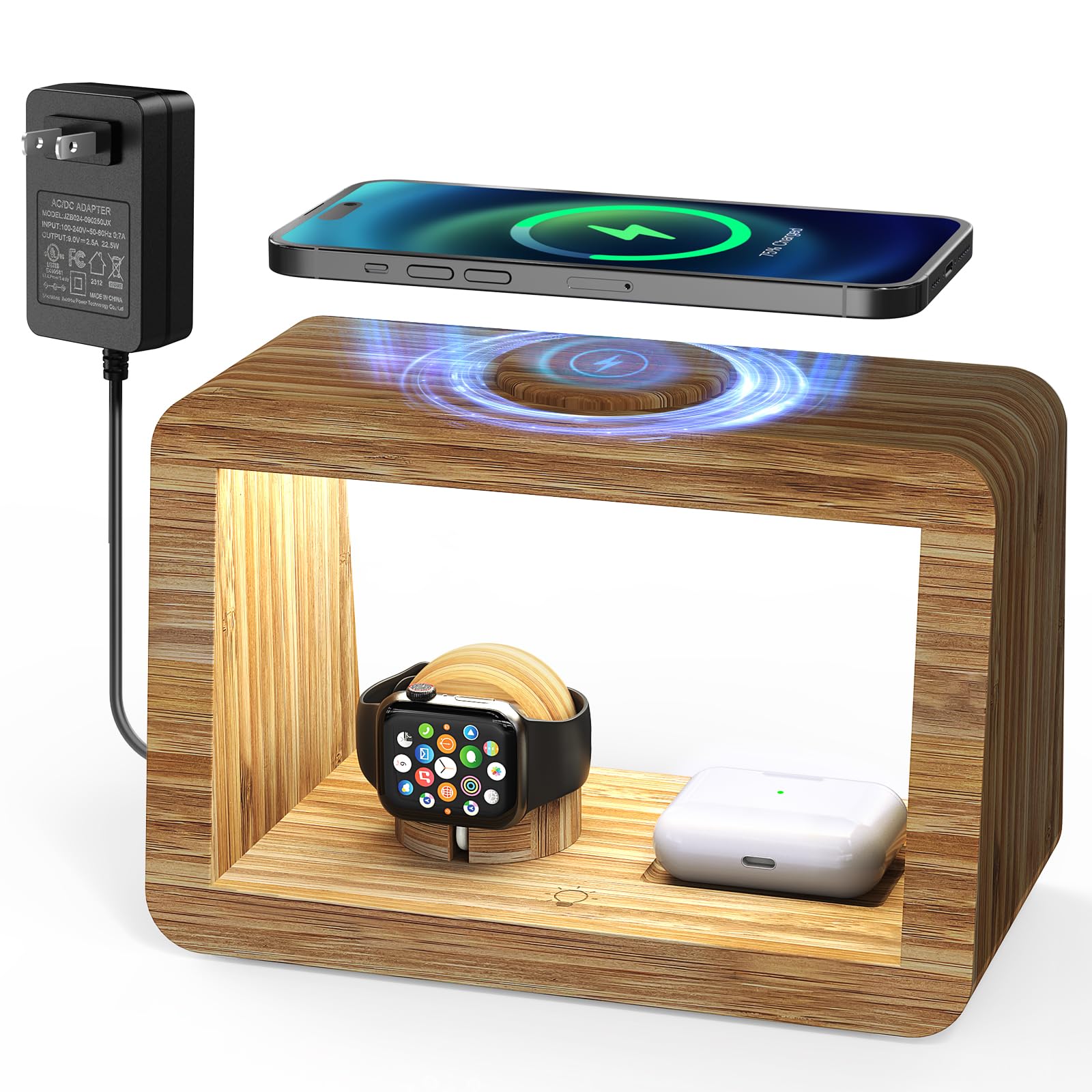 Bamboo Wireless Charging Station: 3-in-1 Mag-Safe Wireless Charger with Night Lights - Fast Charging Stand Compatible with iPhone 16/15/14/13/12 Pro Max/X/Xs Max/8, AirPods Pro, iWatch Series