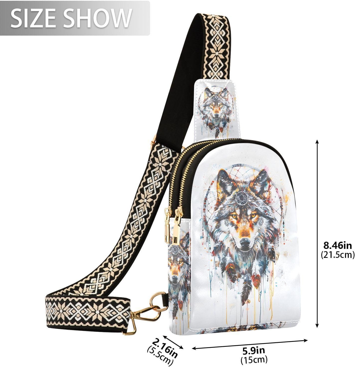 Dream Catcher Wolf Backpack Sling Bag for Women Crossbody Bags Small Cross Body Bags Leather Travel Chest Bag Purse Casual Daypack