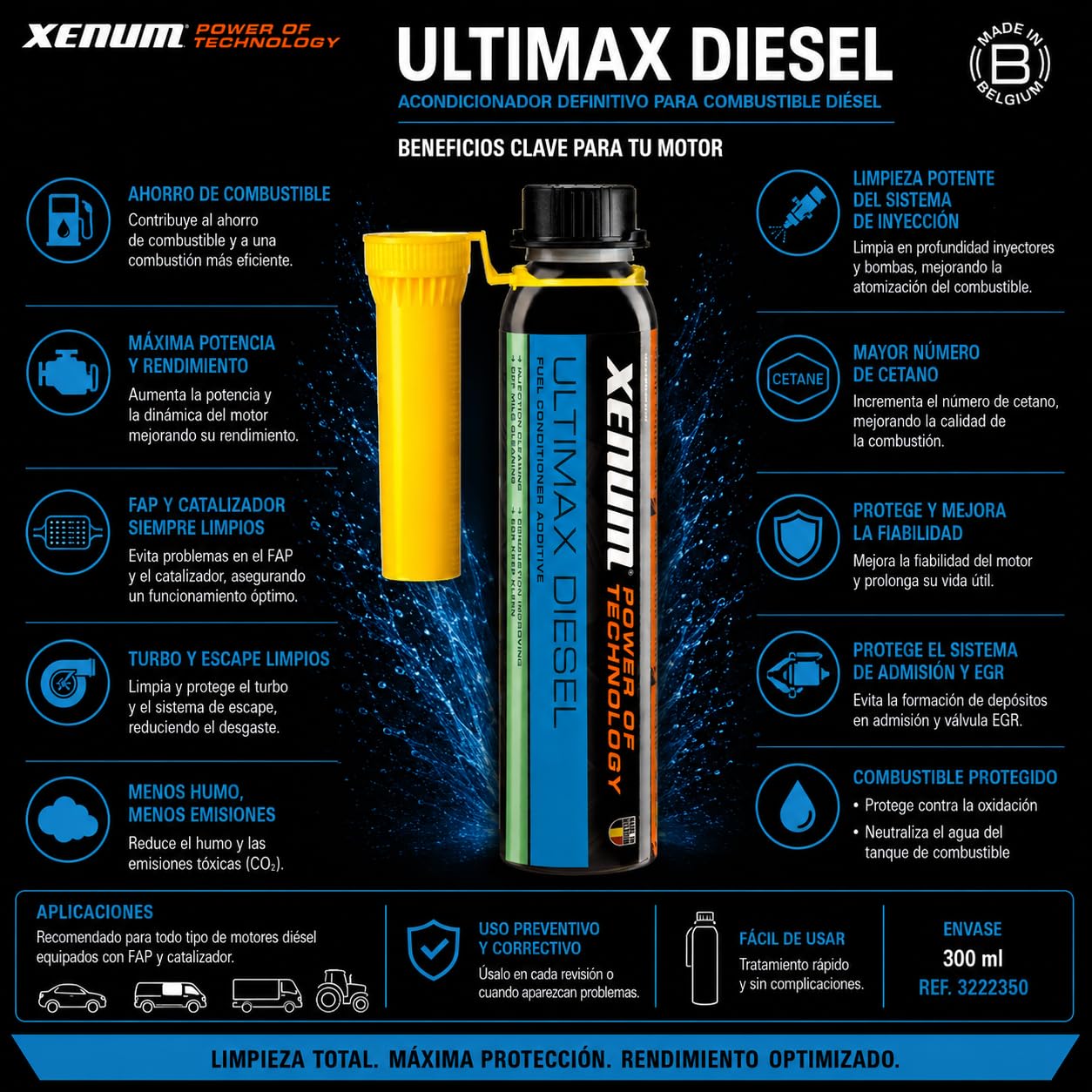 Xenum Ultimax Diesel Acondicionador Definitivo para Combustible Diésel, 300 ml, Limpia Inyectores, FAP, Turbo y EGR, Mejora Potencia y Consumo, Reduce Humo y Emisiones, Compatible con Biodiésel