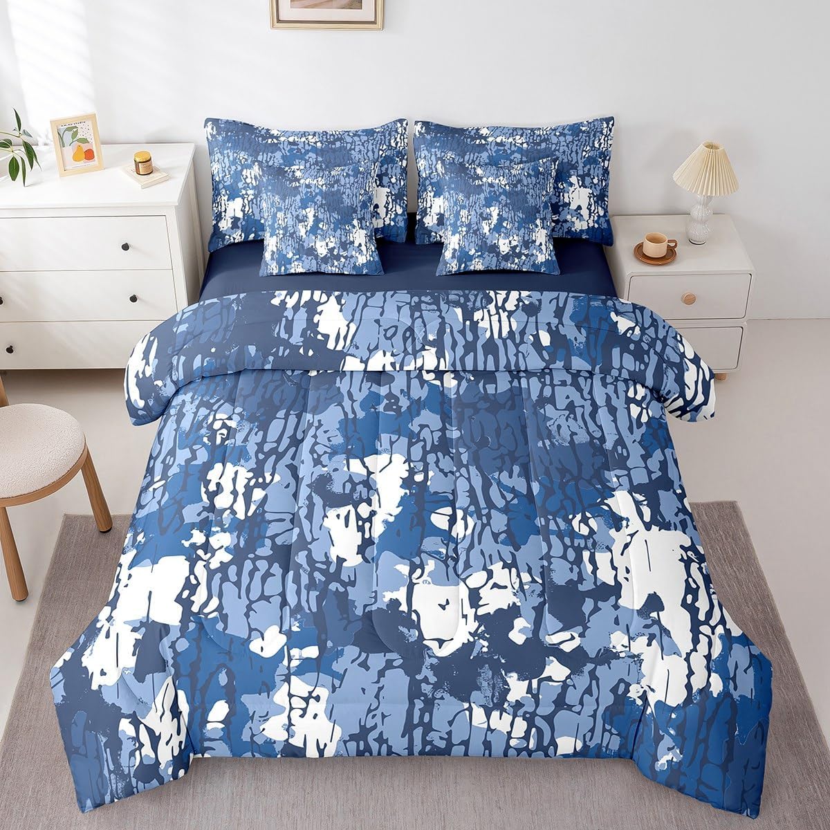jejeloiu Blue Camouflage Comforter Set with Sheets Queen Size Kids Camo Bed in a Bag for Boys Girls Teens Military Style Disruptive Pattern Tree Branches Botanical 7 Pieces Bedding Set Soft Room Decor