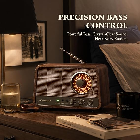 Vintage Wood AM FM Bluetooth Radio,10W Powerful Sound, Espresso | Tabletop Retro Bluetooth Speaker, Amber-Glowing Dial, Bass Control, AUX & Headphone Jack, Vintage Decor for Office, Home