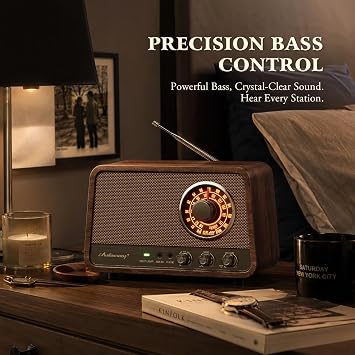 Vintage Wood AM FM Bluetooth Radio,10W Powerful Sound, Espresso | Tabletop Retro Bluetooth Speaker, Amber-Glowing Dial, Bass Control, AUX & Headphone Jack, Vintage Decor for Office, Home