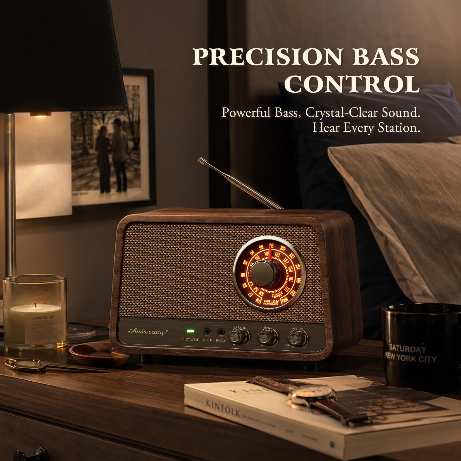 Radio Bluetooth AM FM vintage en bois avec son puissant de 10 W, haut-parleur Bluetooth rétro avec cadran ambré, contrôle des basses, entrée auxiliaire, prise casque, pour