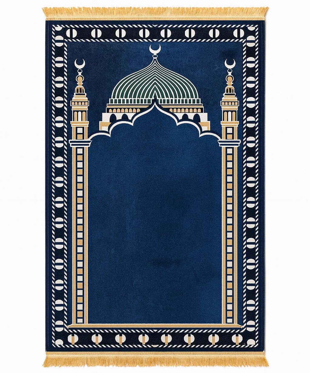 Tappeto Da Preghiera Islamico Rettangolare Blu Con Motivo Ad Arco E Frange (Blu e oro, IT-70x110 cm)