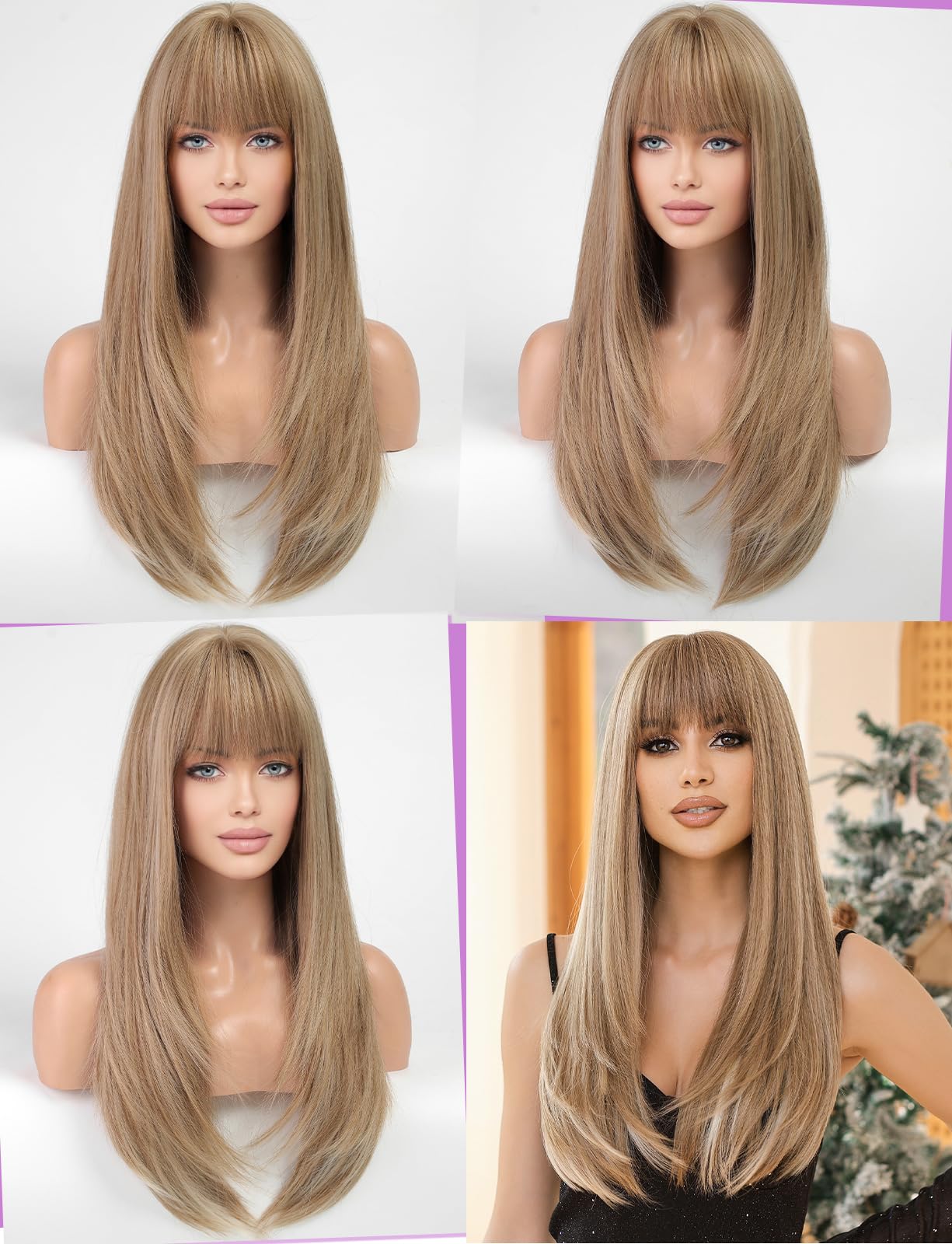 WOKESTAR Blonde Wigs for Women Layered Straight Long Wig with Fringe, Chocolate Blonde, 26 inch - Image 4