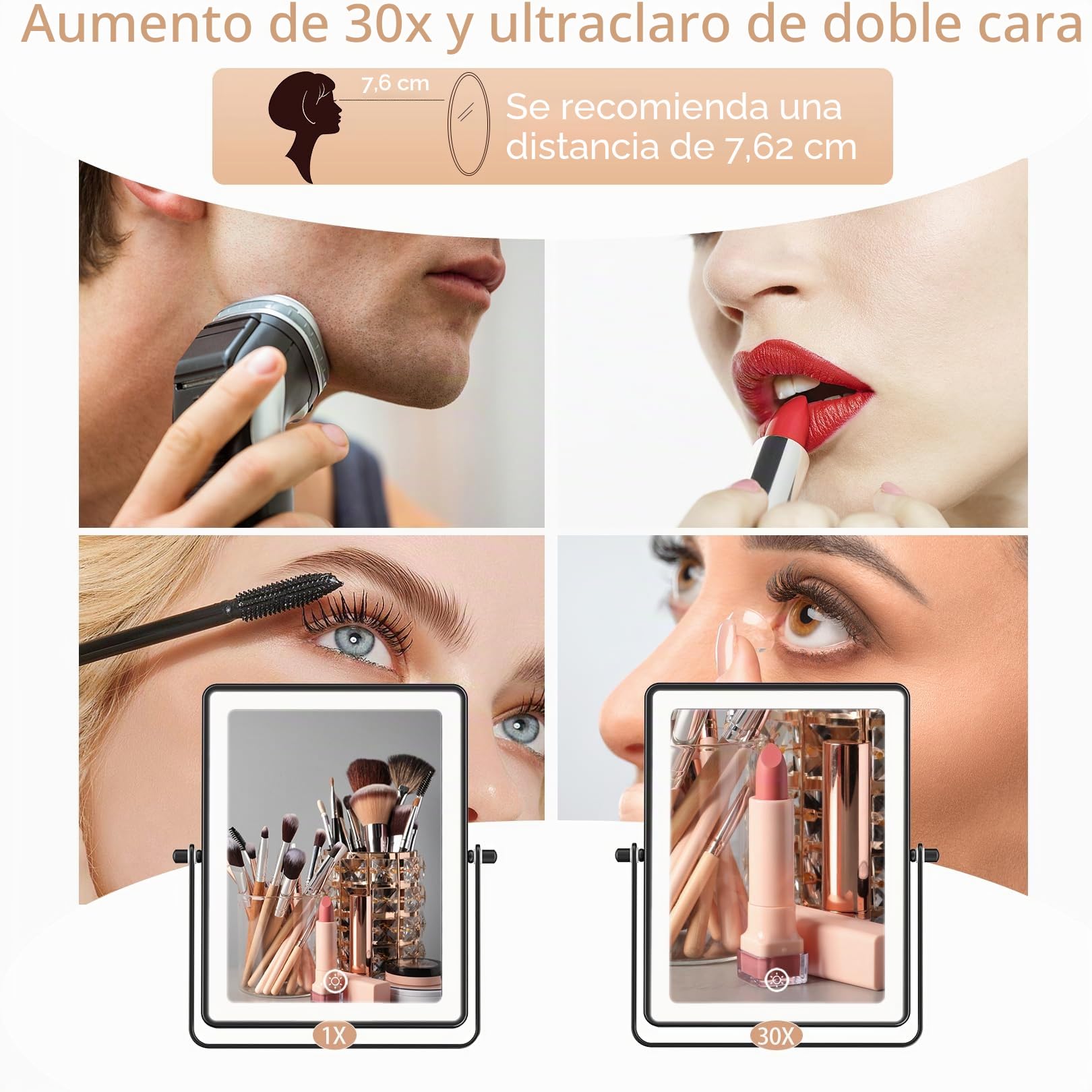 Famihomii 5000mAh Espejo de Maquillaje Recargable con iluminación LED | espejo de maquillaje con aumento de 1/30x e interruptor táctil,espejo de afeitar regulable,giratorio 360° (negro)
