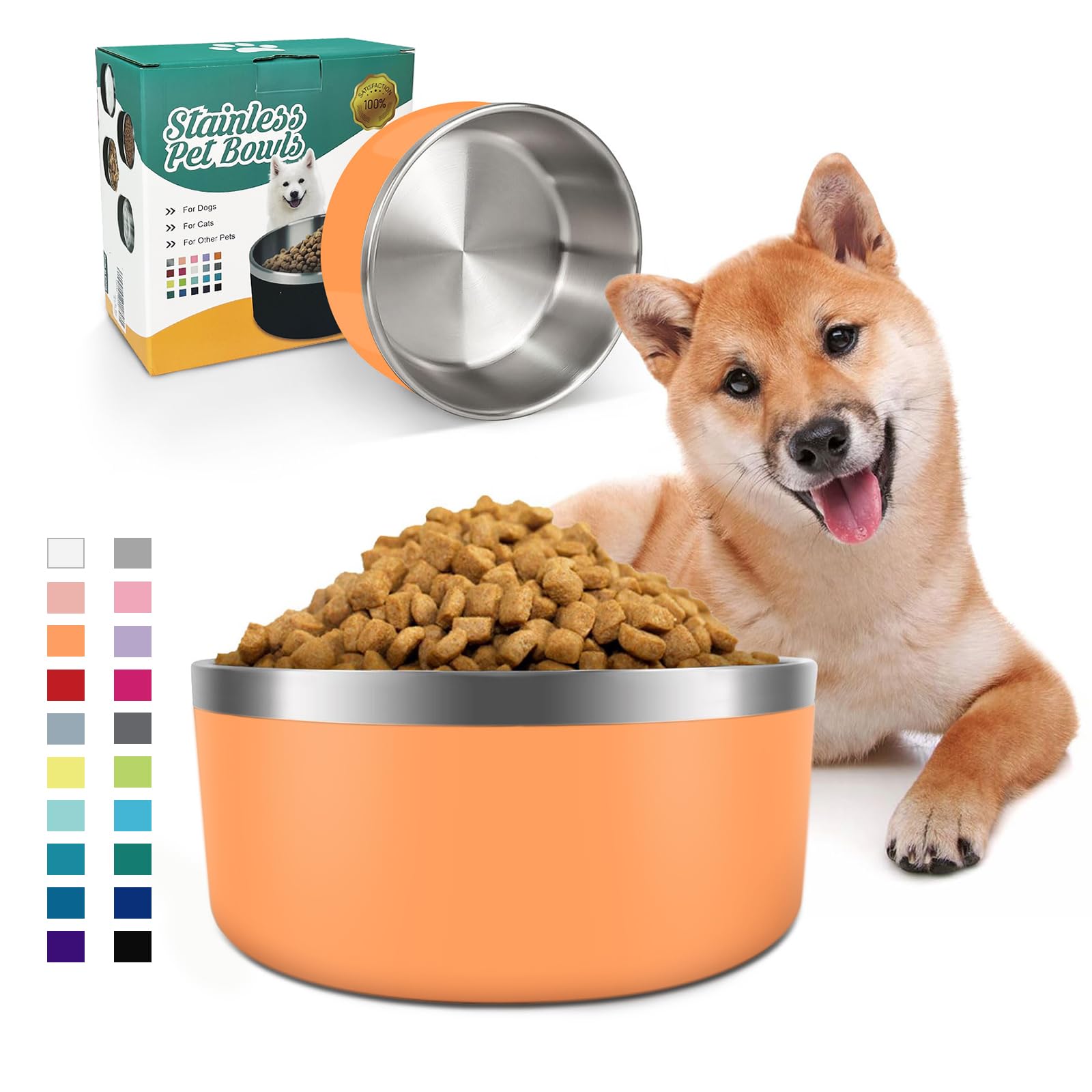 Cuenco para perros para comida y agua, cuenco de acero inoxidable de 1,2 l, antideslizante, aislamiento de doble pared con parte inferior de goma para perros/gatos mediano/grande(40oz/5tazas, naranja)