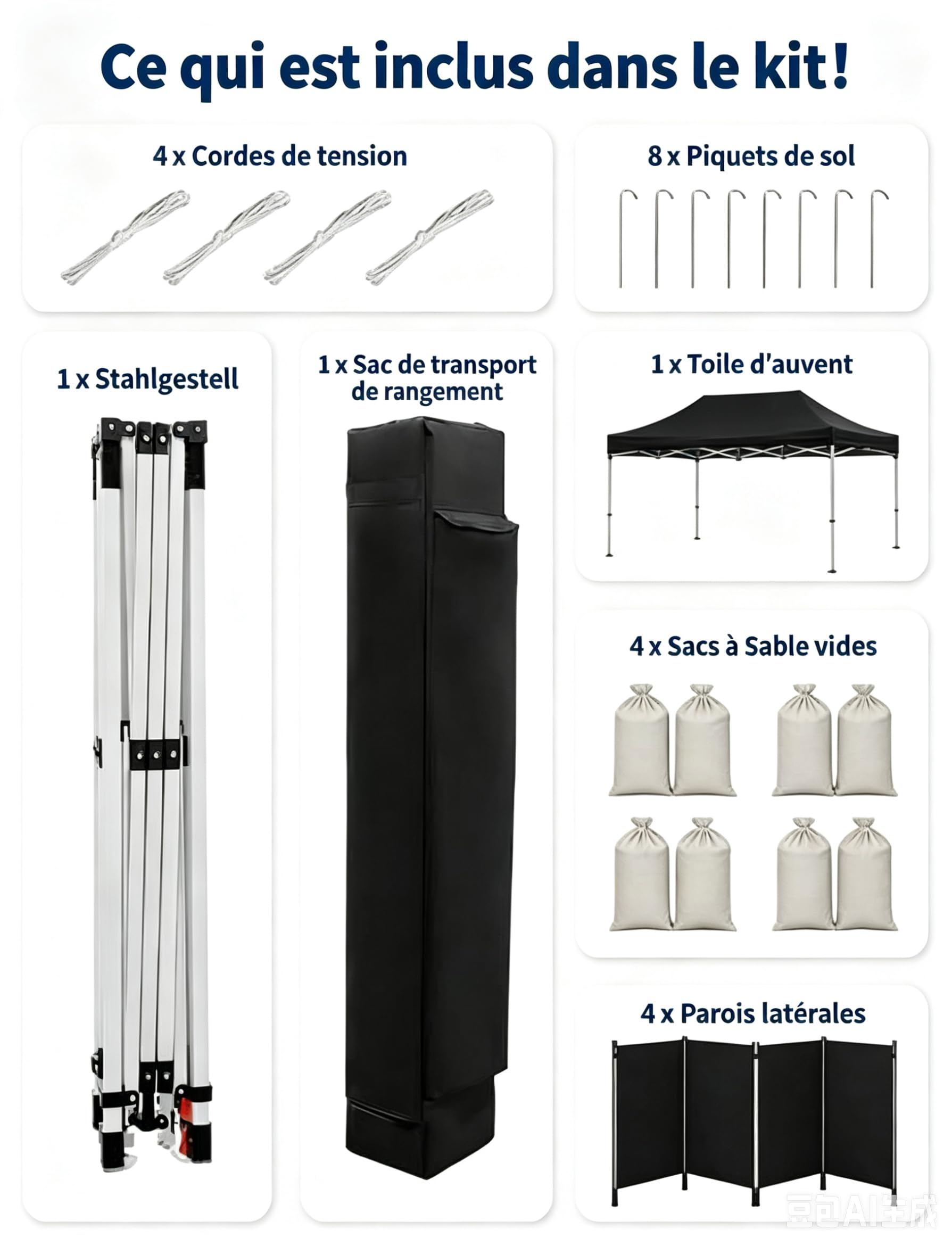 Tonnelle Pliante 3x3 Ht 2,7m Imperméable Fenêtres Église UV50+, Blanc