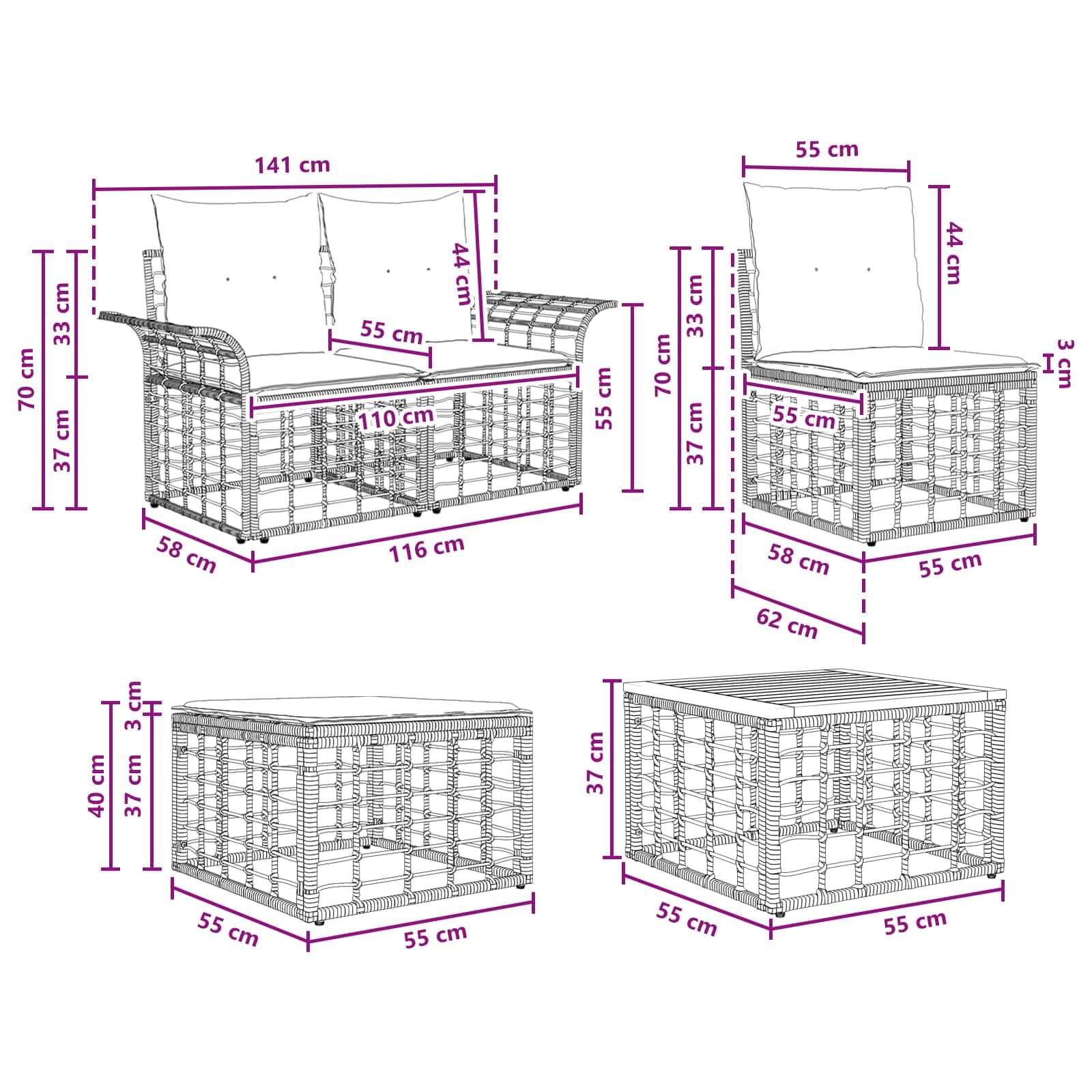 Ensemble de canapés d extérieur 7 pcs en Poly Rattan Polyester Noir et Gris foncé, modulable pour terrasse Jardin, Coussins Amovibles, assises Confort