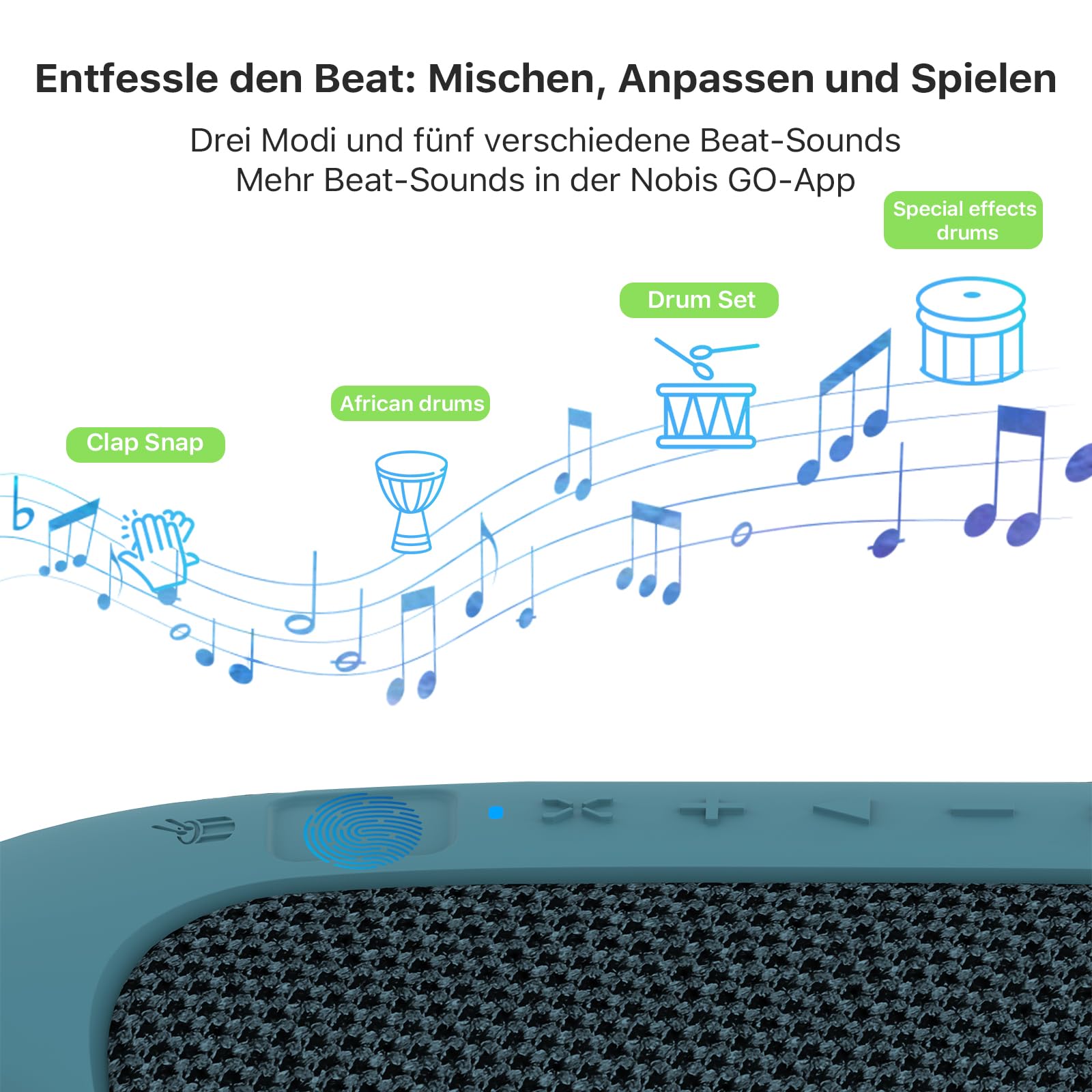 NOBIS Clip N1 Tragbarer Bluetooth Lautsprecher mit App, Beat-Modus, bis zu 24 Stunden Spielzeit, IP68 wasserdicht, BT 5.3, HD-Sound, Stereo-Paarung, Custom EQ, perfekt für Outdoor (Blau)