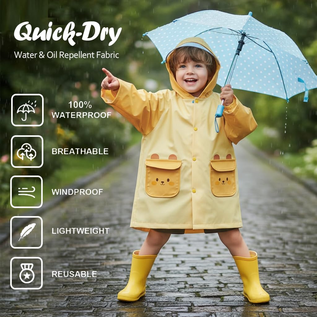 Kids Waterproof Raincoat with Hood & Backpack Compartment, Lightweight Long Rain Jacket for School & Play