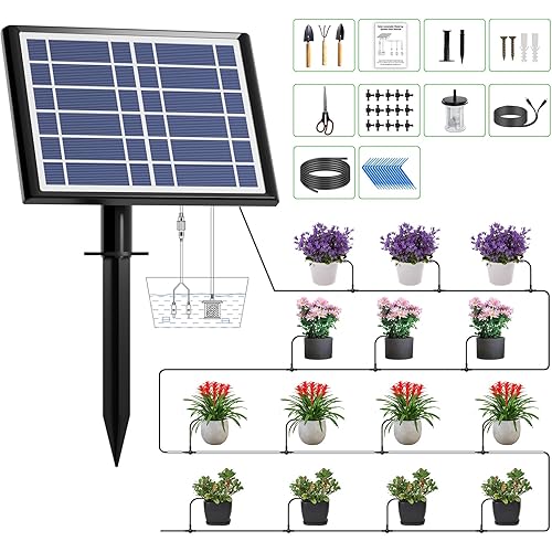 Solar Automatic Drip Irrigation System Kit with 3000mAh Battery Irrigation System for Garden Easy DIY Watering Device Supports 15 Plants with15 Meter Hose Ideal for Balcony Greenhouse Garden Office