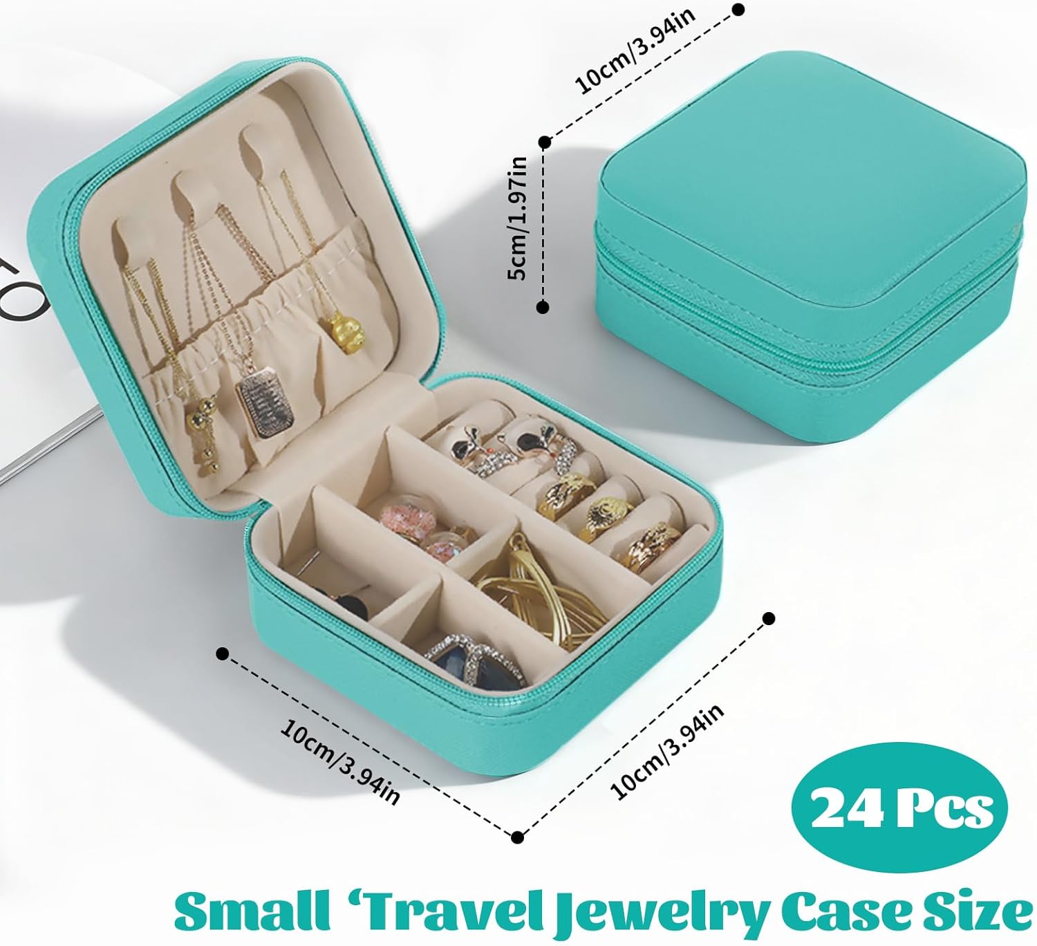 24-Pack Mini Sage Green Travel Jewelry Box - 3.9" PU Leather Snap Case with Mirror, Compact Ring Earring Organizer, Bridesmaid Proposal Gift & Wedding Favor Bulk Set