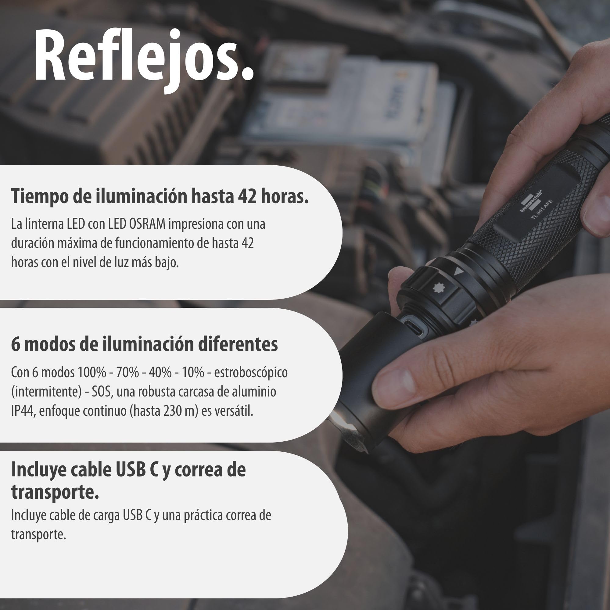 Brennenstuhl Linterna LED recargable con selector de foco TL 801 AFS IP44 (800lm, 230m, enfocable, máx. 42h, 6 modos incl. SOS y estroboscópico, Lámpara para exteriores IP44 incl. cable USB C)