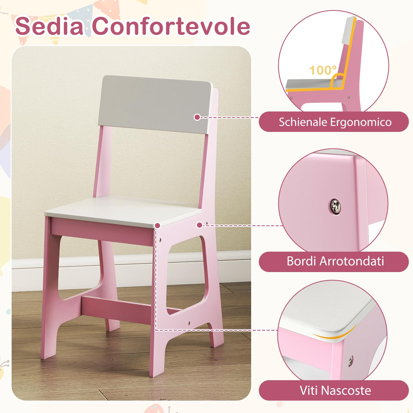 RELAX4LIFE Set Scrivania e Sedia per Bambini, Tavolo da Scrittura in Legno con Sedia, Ripiano, Bacheca, Cassetto, Armadio per Lettura, Disegno, Set di Tavoli da Studio per Bambini (Bianco+Rosa)