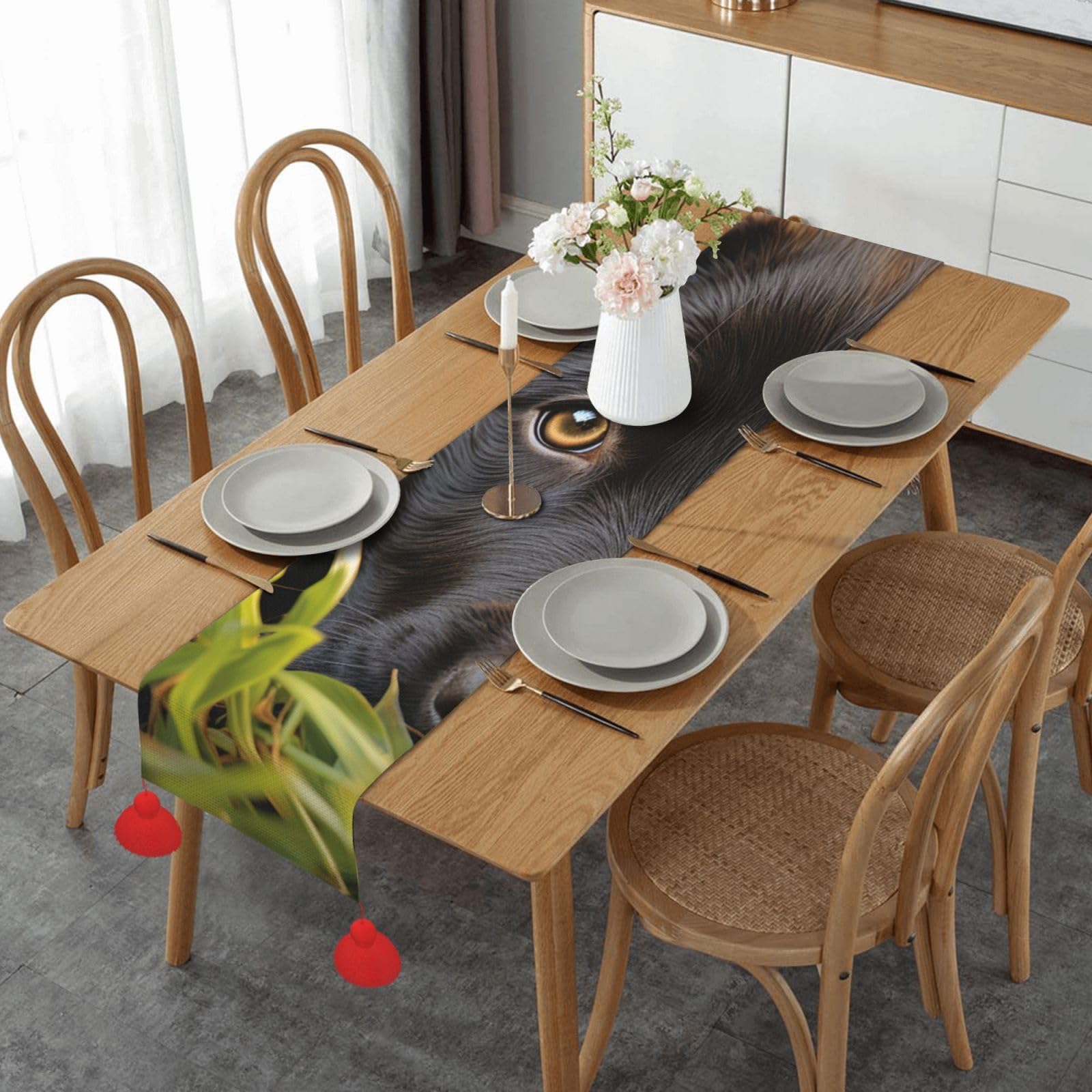 Chemin de table anti-rayures motif chien 152cm protège-table coton lin à pompons