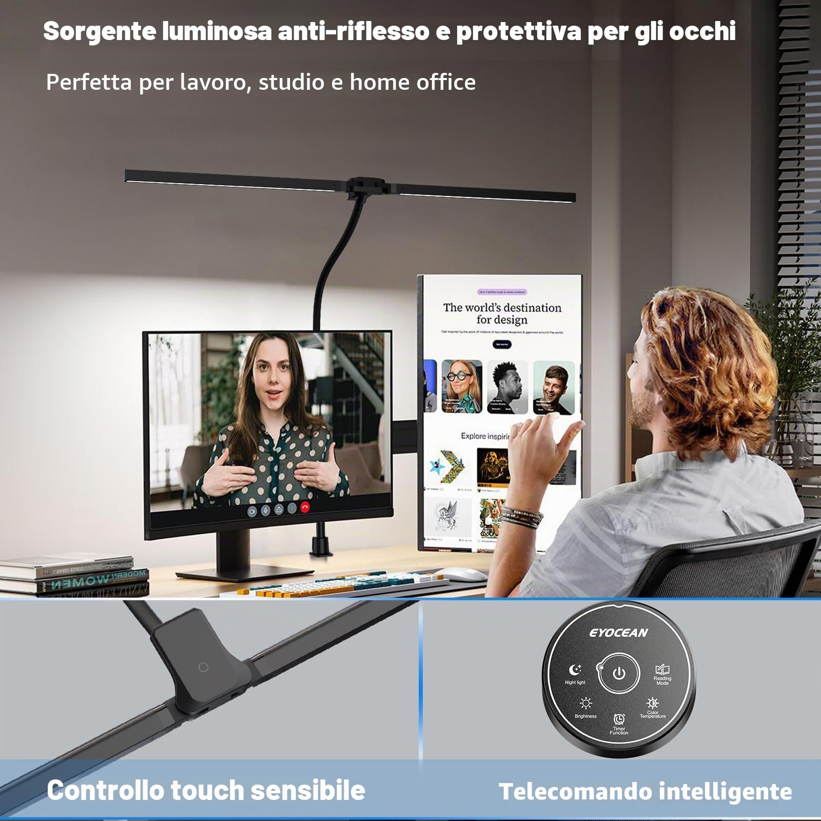 EYOCEAN Lampada da scrivania a doppia testa con clip, 24 W, 80 cm, luce diurna da scrivania con telecomando, lampada da monitor dimmerabile, collo d'oca, protezione degli occhi, colore nero