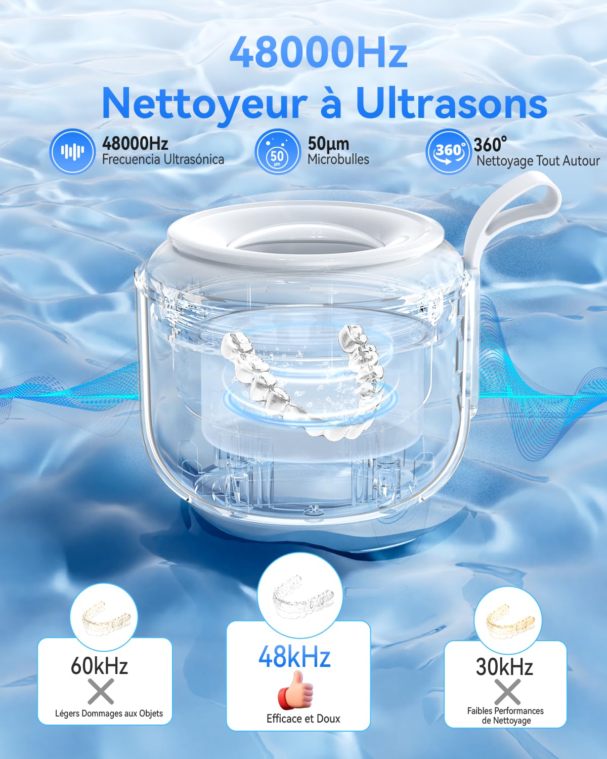 JeaTone Nettoyeur Ultrasons, 48kHz Dental Cleaning Pod, 200ML Ultrasonic Cleaner, Appareil de nettoyage à ultrasons avec 4 UV Lampe pour Prothèses Dentaires, Gouttière Dentaire, Retainer, Bijoux