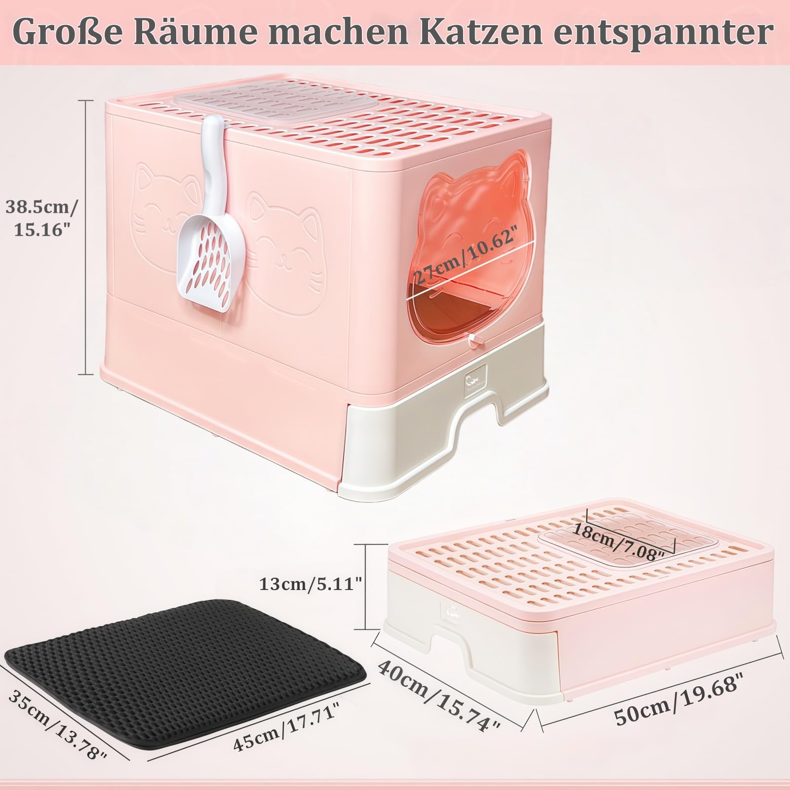 HelloMiao Gesloten kattenbak met dak/deksel en roestvrij stalen lade, kattenbak met actieve koolfilter tegen geuren, gratis schep en kattenbakmat, voor katten tot 10 kg