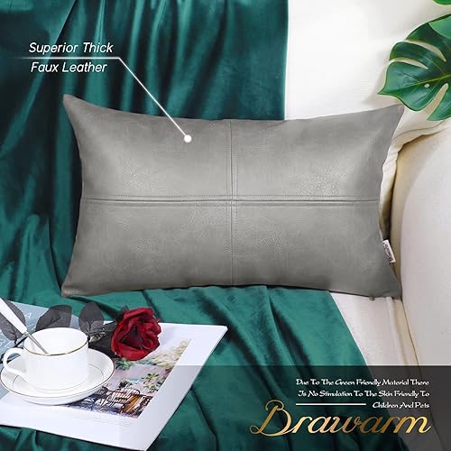 Miniatura 2 de BRAWARM Fundas de almohada de piel sintética de 12 x 20 pulgadas, funda de almohada de cuero gris, funda de almohada lumbar decorativa de cuero