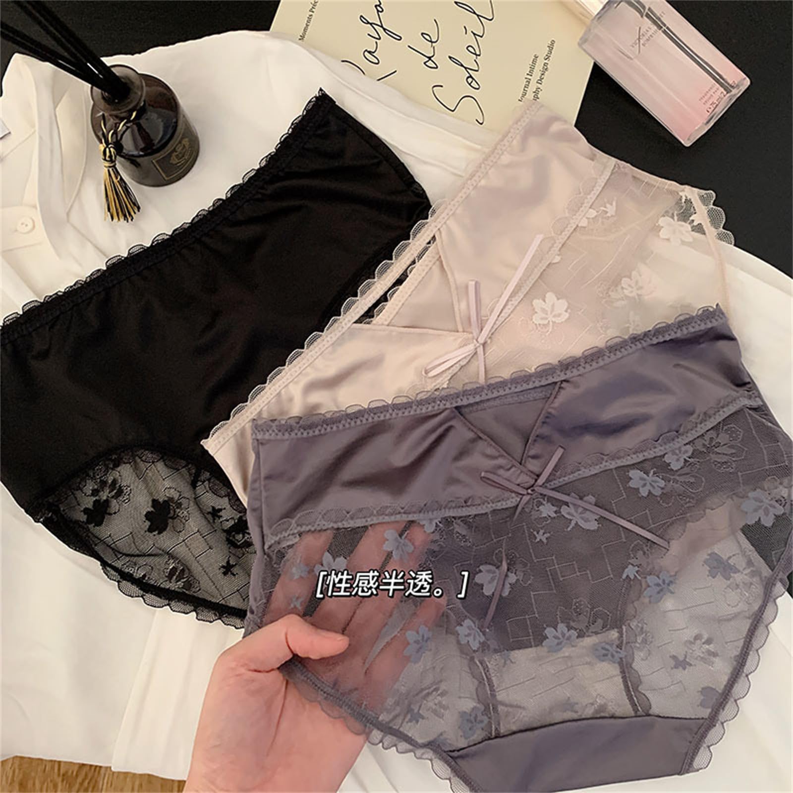 Bragas De Cintura Alta Mujer Packs De 5 Paquetes De Encaje De Satén Malla Mesh Mulberry Silk Entre Espina De Seda Mid-Cintura