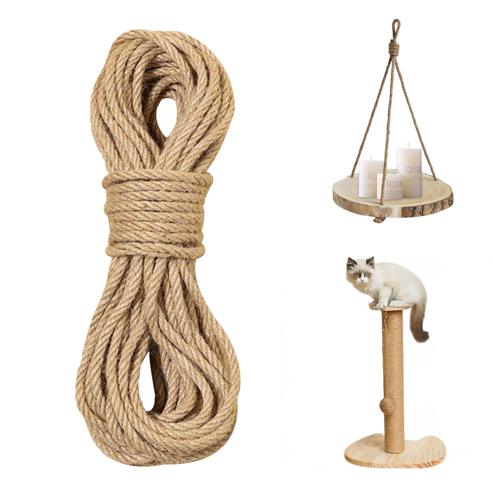 20m x 8mm Natural Jute Rope, Thick Garden Twine for Crafts, Cat Scratching