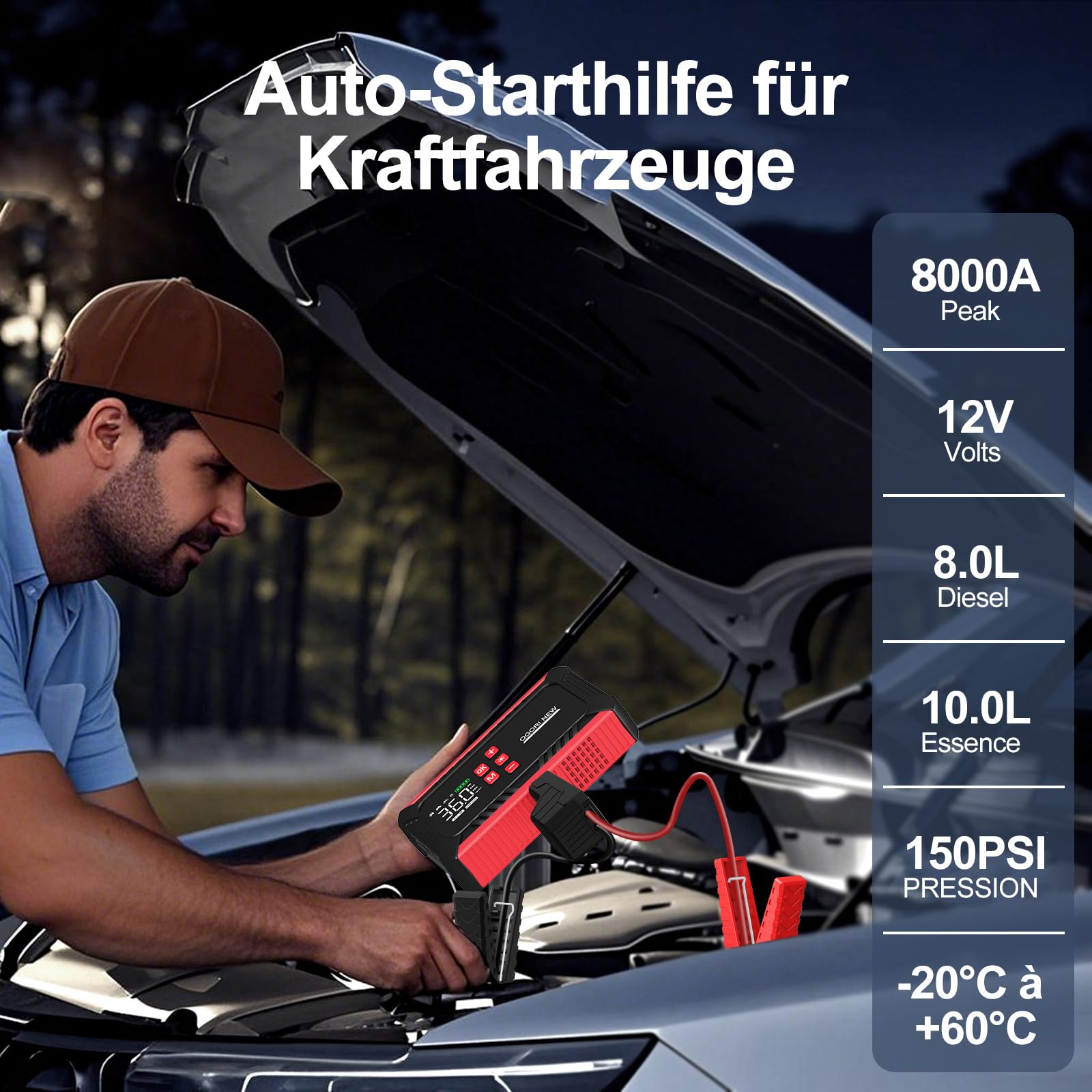 Booster Batterie Voiture 8000A,Demarreur Batterie Voiture avec Gonfleur 150PSI, Demarreur Batterie Voiture(8.0L Diesel/10.0L Gaz),12V Jump Starter pour Véhicule avec lumière LED/Écran LCD