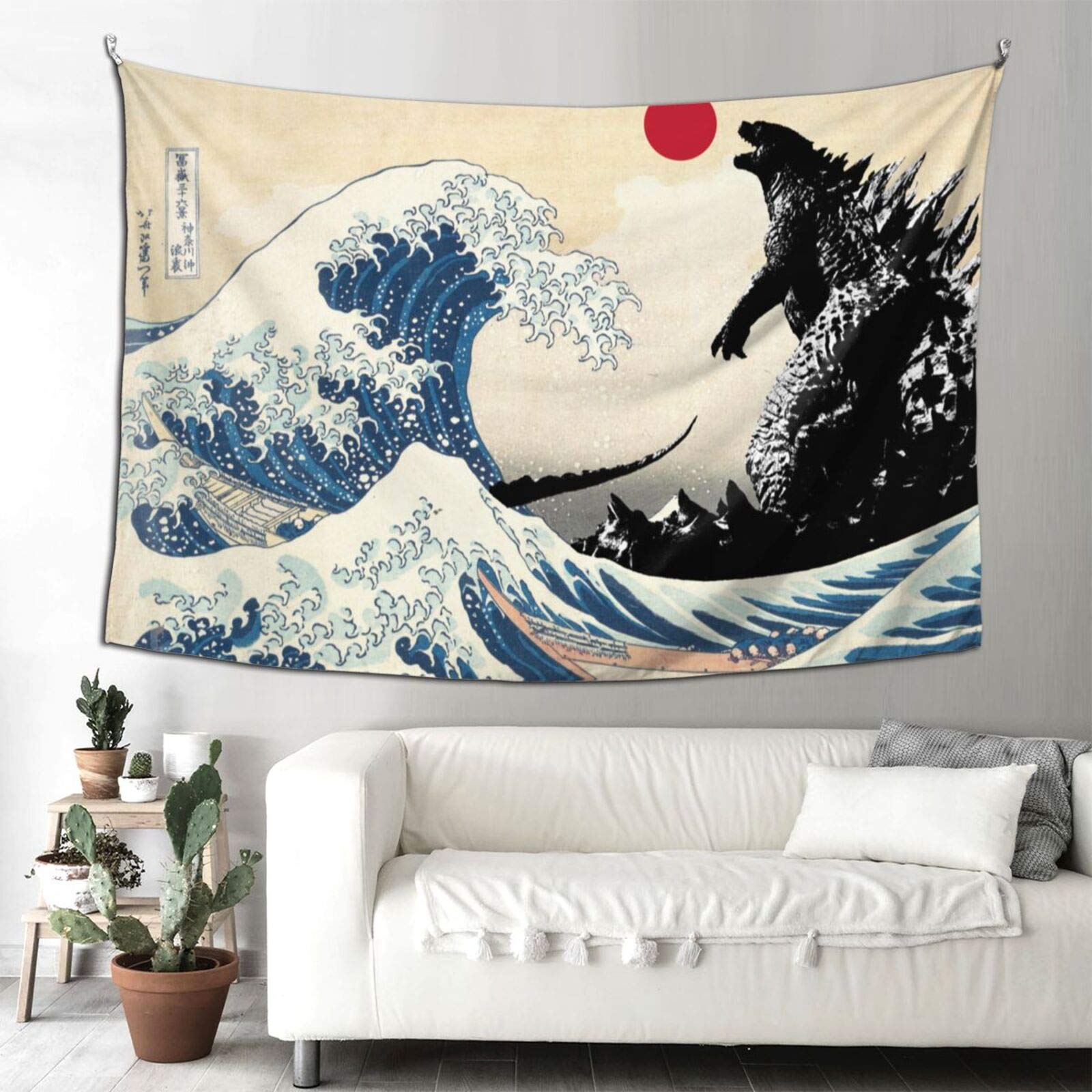 MAJJAKJH Godzilla on The Japanese Wave Tapestry Decorative Art Wall Hanging Birthday Tapestry Bedroom Living Room Dormitory TV Background Wall Blanket 60 X 51 inches