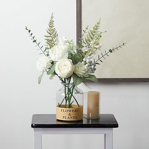 Miniatura 5 de Anna's Whimsy Flores artificiales con jarrón, rosas blancas, peonías de seda en jarrón, centros de mesa de imitación florales para arreglos de mesa