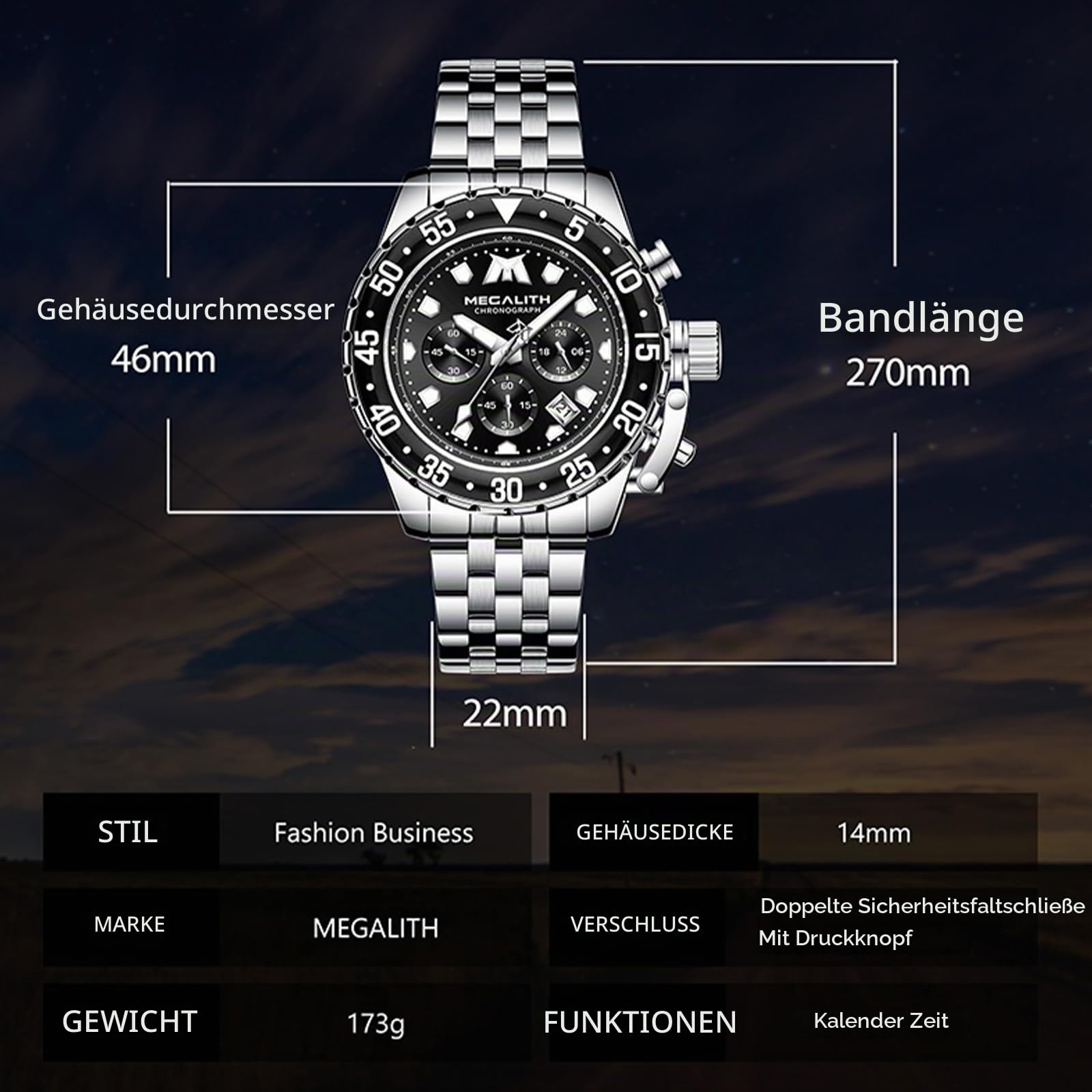 MEGALITH Herren Uhren Edelstahl Armbanduhr: Chronograph Wasserdicht Analog Quarz Herrenuhren mit Leuchtend Datum - Stilvoll Geschenke für Business Männer Jubiläum Geburtstag