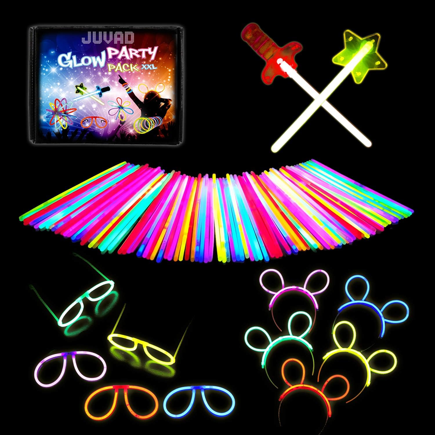 JUVAD Glow Party Pack XXL – 150 Glow Sticks & Accessories: Glasses, Headbands, Bunny Ears, Ball, Flower, Sword, Wand