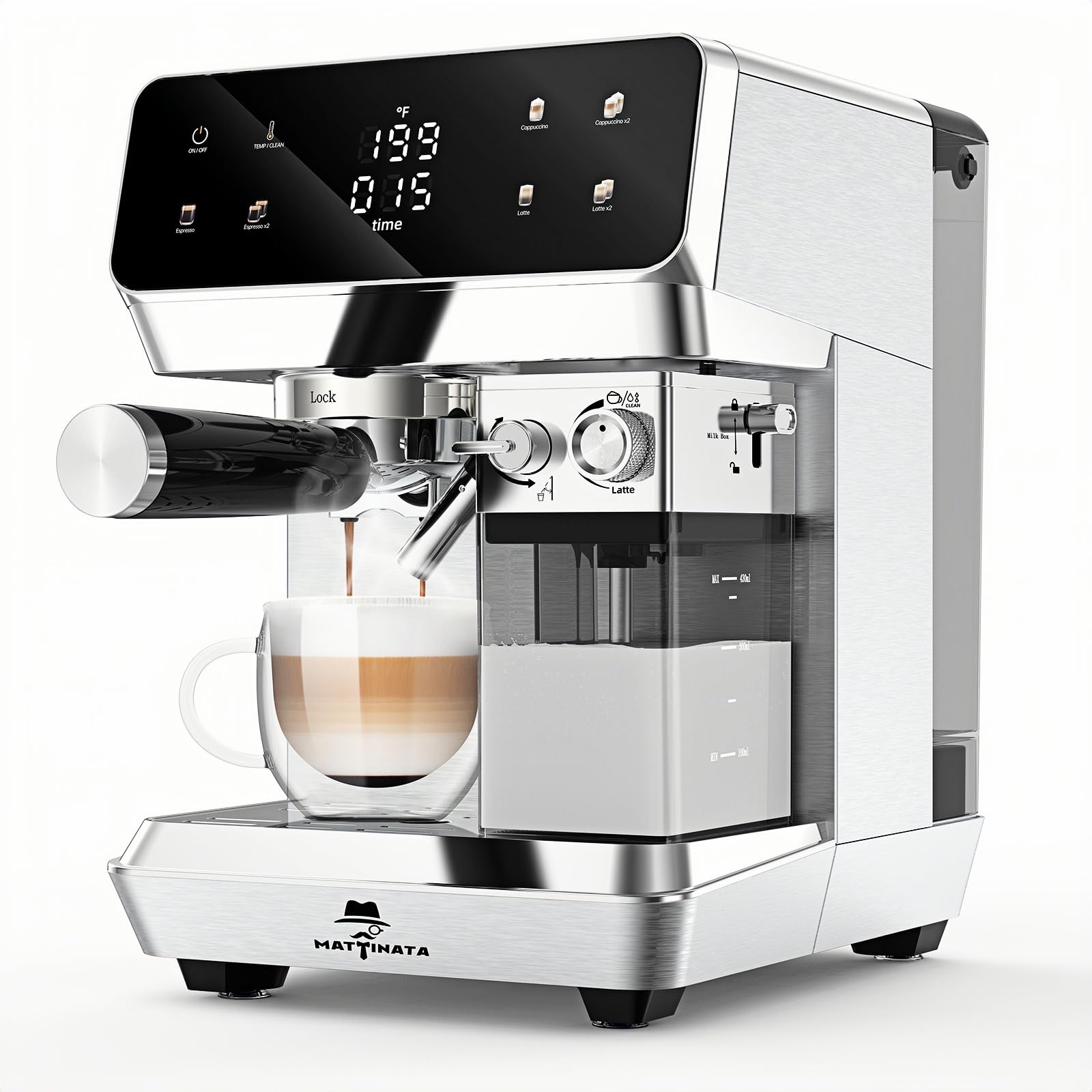 MAttinata CM1833L Automatic Cappuccino Machine, 20 Bar Espresso Maker with Dual Boiler & Self-Cleaning Milk Frother, Touch Screen Coffee Machine for Latte, Stainless Steel Home and Office, Silver