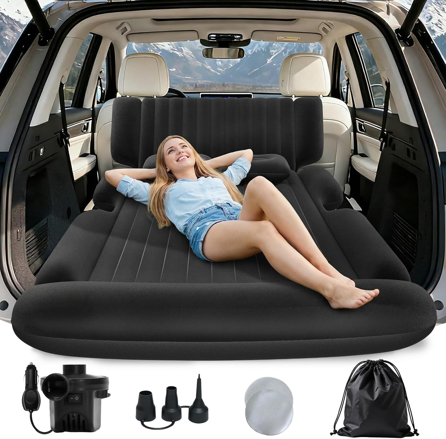 SUV Air Mattress – Thickened Car Air Mattress with Electric Pump, Portable Inflatable Car Bed with 2 Pillows, Camping Mattress Back Seat for SUV Trunk, Travel, Home (Black)