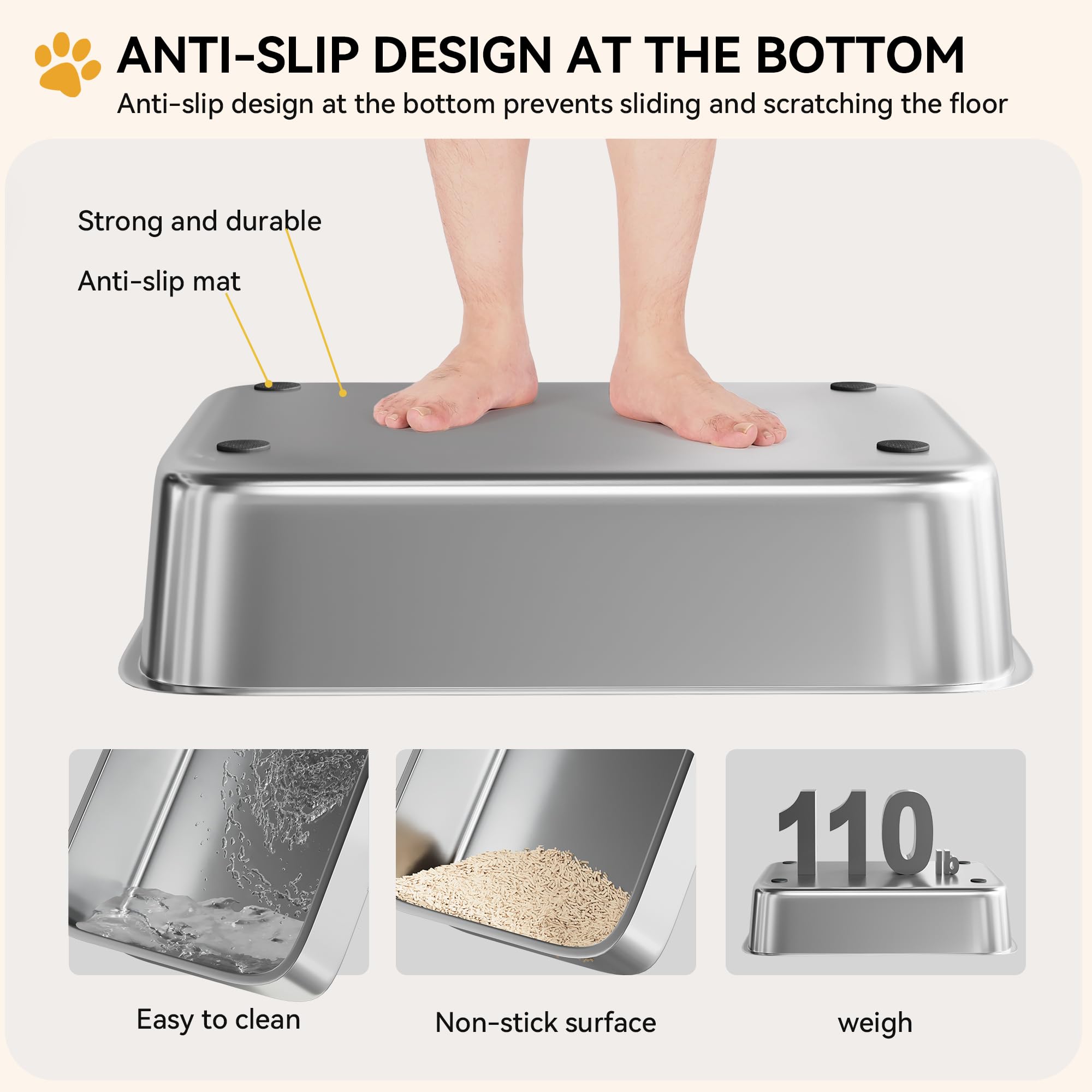 YITAHOME Edelstahl-Katzentoilette mit Deckel, XXL Extra Großes Katzenklo mit Schaufel – Rutschfester Boden, Auslaufsicher, Antihaft-Oberfläche, Leicht zu Reinigen, 60x40x30 für Katzen (Grau)