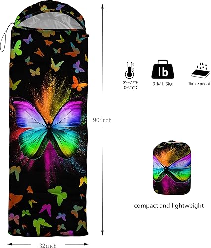 Miniatura 3 de HOSIMA Saco de dormir de mariposa para adultos y niños para campamento, saco de dormir ultraligero gótico negro para clima frío y verano.