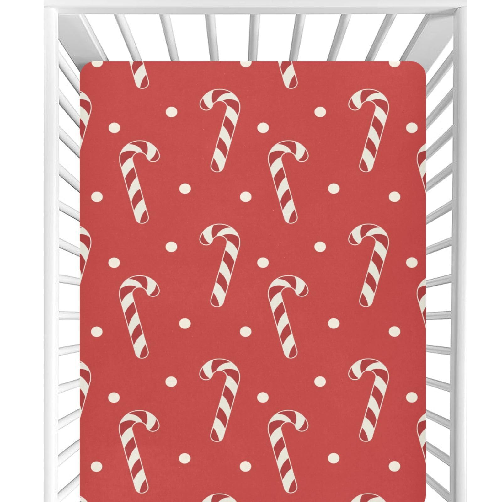 CaTaKu Candy Canes Red Polka Dot Crib Sheets for Baby Girls &amp; Boys, Neutral Mini Mattress Sheets Fitted, Baby Sheets for Nursery Bed Toddler Mattress 27"x 39"