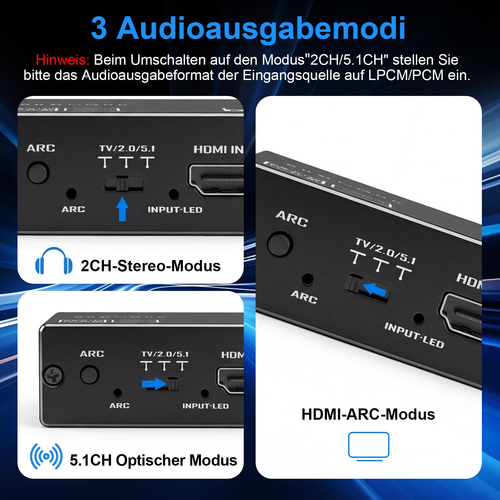 HDMI ARC Audio Extractor 4K 60Hz HDMI Optisch Adapter auf 3.5MM Converter Splitter, 192 KHz DAC Digital Analog Wandler, SPDIF TOSLINK Optical und 3,5MM Stereo-Audioausgang Unterstützt LPCM 7.1/DTS/DSD
