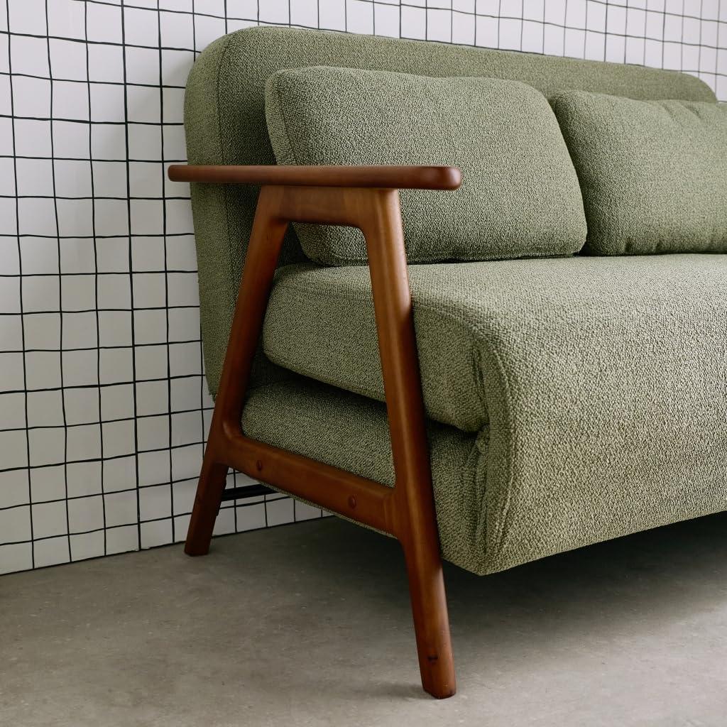 Alice's Garden sweeek - Banquette canapé Convertible 2 Places Bois d'hévéa teinté Noyer Clair et Bouclette texturée Kaki L 133 x P 81 x 84cm - Sven