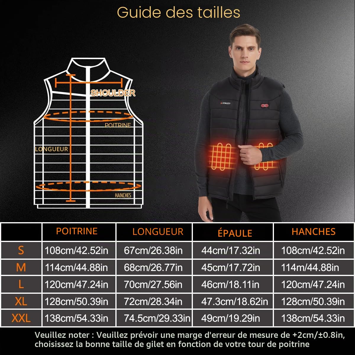 Gokozy gilet chauffant homme avec 10000mah batterie incluse pour 5 zones de chauffage Gilet chauffant Réglage en trois étapes pour un chauffage rapide intelligent chauffé pour la pêche et la chasse